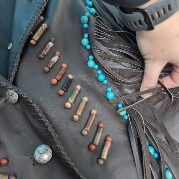 Vintage Red Clay People Black Leather Fringe and Bead Jacket Size Medium - Picture 4 of 9